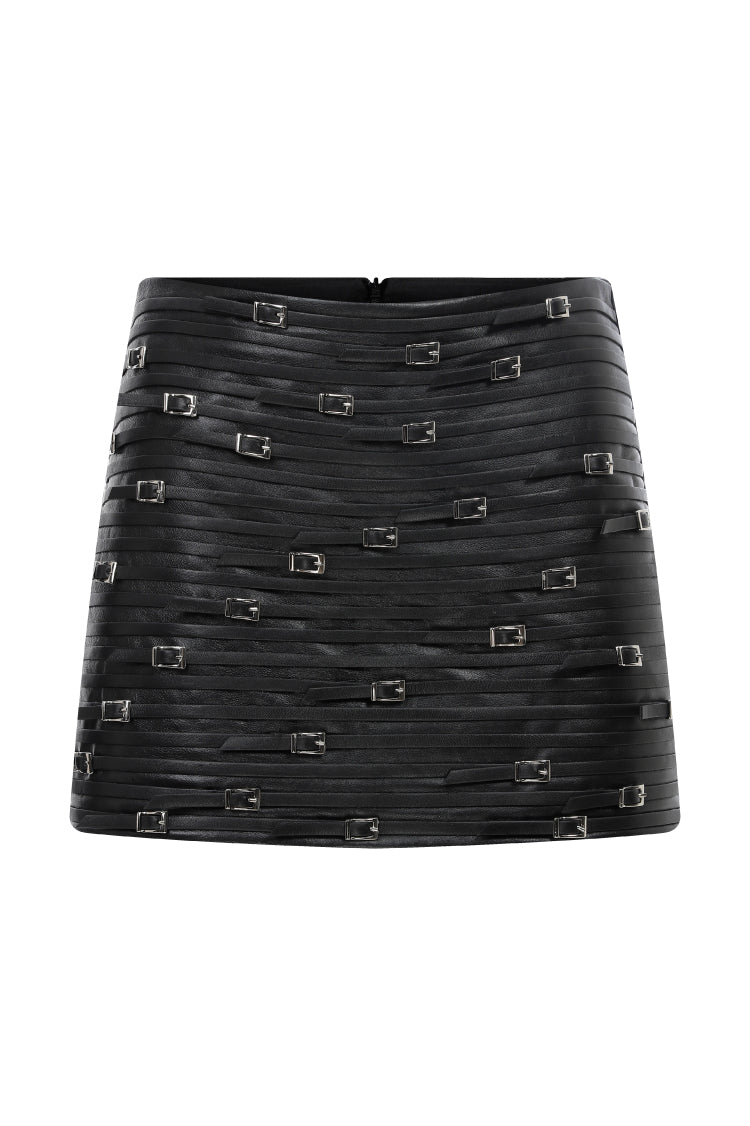STRAPPED MINI LEATHER SKIRT