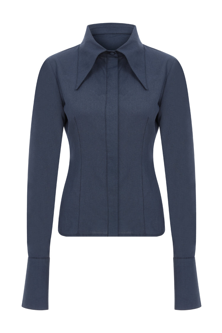STRUCTURED WIDE-COLLAR DENIM LOOK SHIRT